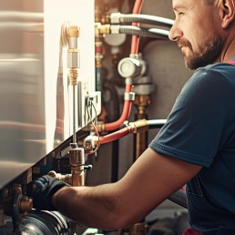 Plumber inspecting gas pipework and valves